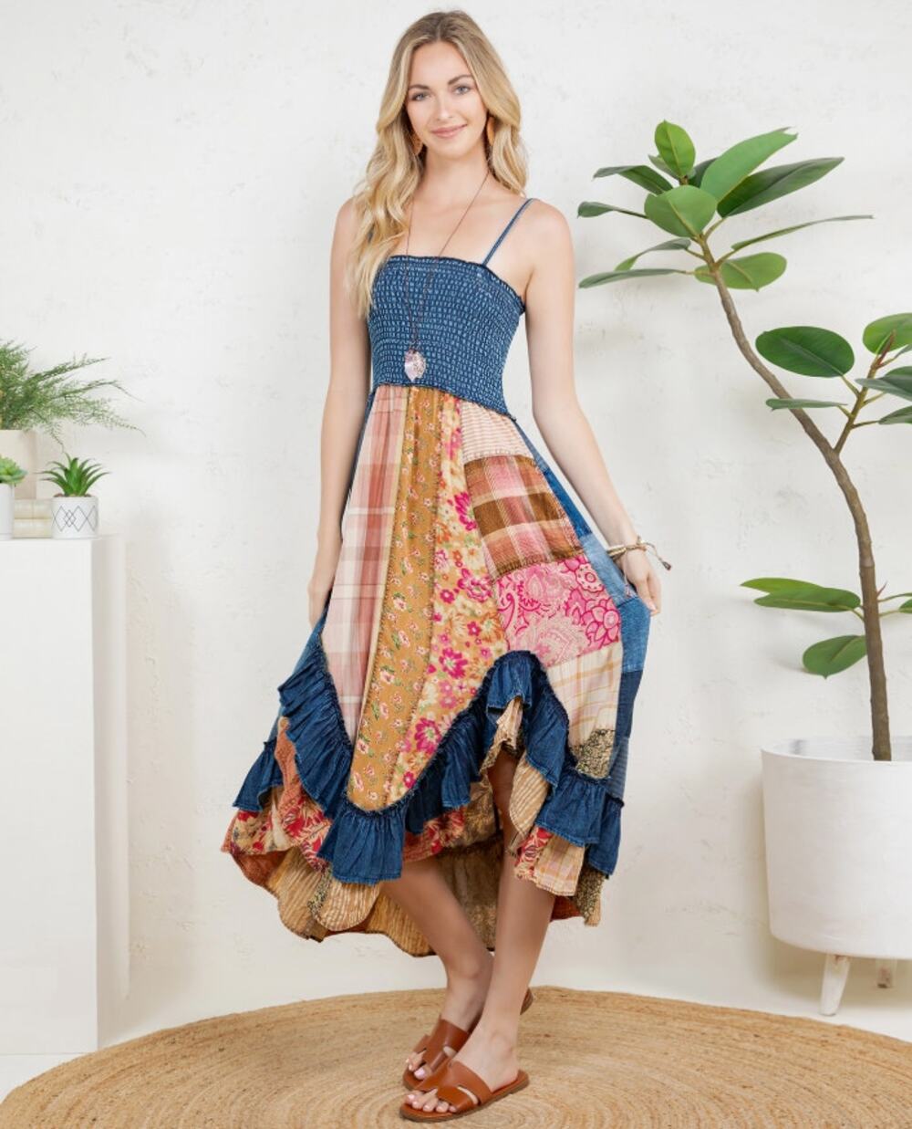 Young Threads Indigo Denim Patchwork Ruffle Midi Dress XL - Romantic